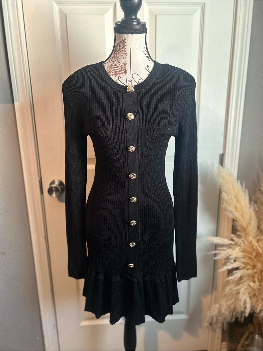 Mable Black Ribbed Button-Front Knit Dress
